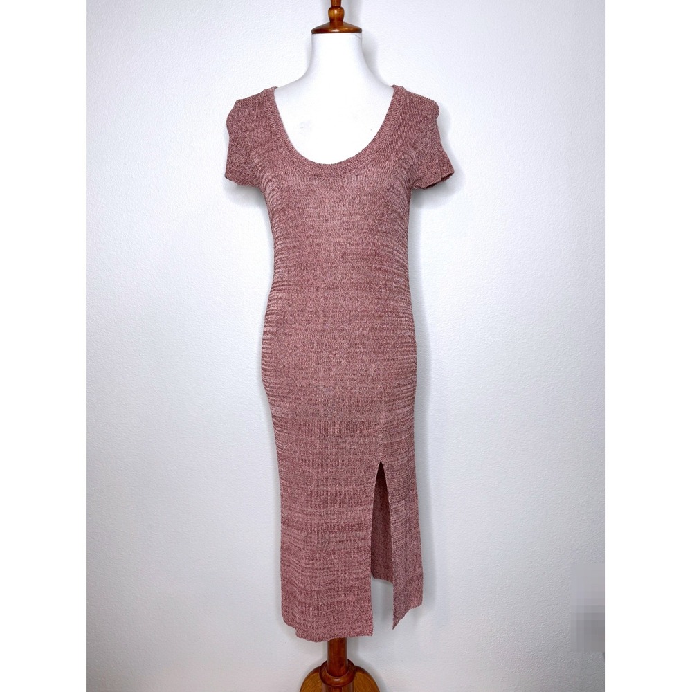 FREE PEOPLE‎ BEACH One Love Midi Dress SM Pinkish Red Linen Blend Knit Slit